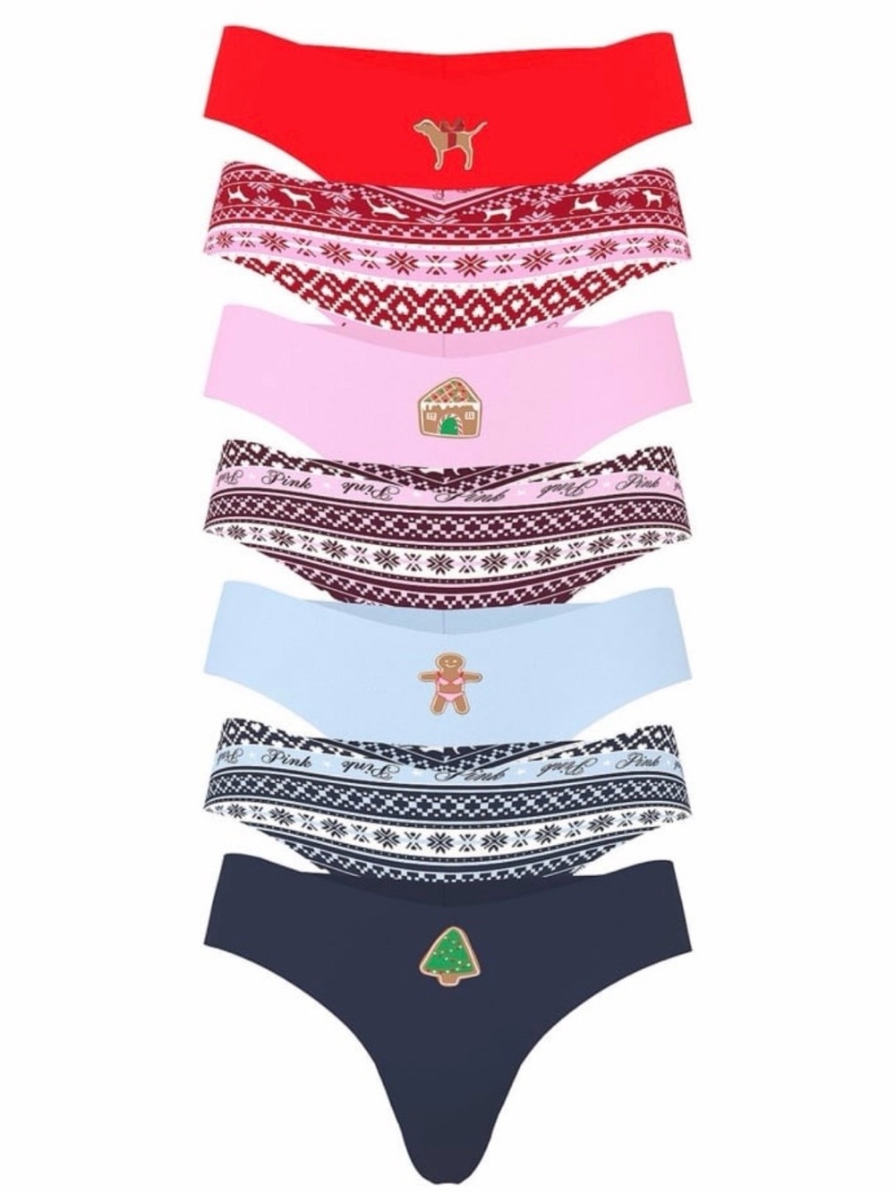VS PINK CHRISTMAS Thong Panties Large Multi 7 Pack NEW